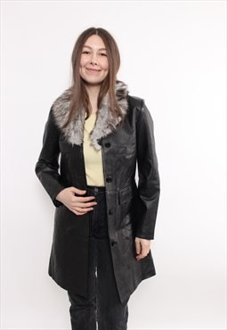 90s leather penny lane coat, vintage woman black trench coat