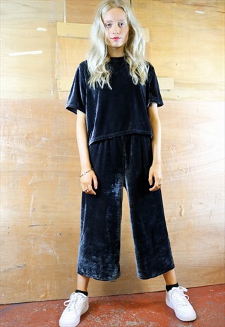 CHARCOAL GREY VELVET CROP PANTS CO-ORDINATES