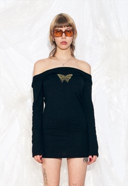 Vintage Y2K Reworked Off Shoulder Dress w Eat Acid Butterfly