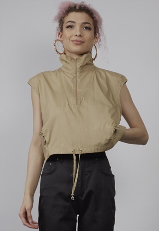 VINTAGE 90'S FENDI BEIGE MESH CROP ZIP-UP TOP