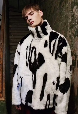 Faux fur jacket Aztec 80s print bomber cow fleece in white