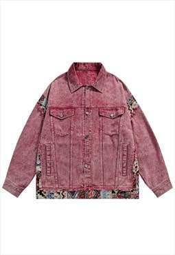 Patchwork denim jacket distressed jean varsity bleached pink