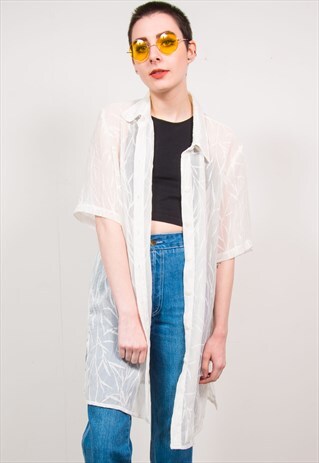 VINTAGE 90'S WHITE SHEER FLORAL PRINT SHORT SLEEVE SHIRT