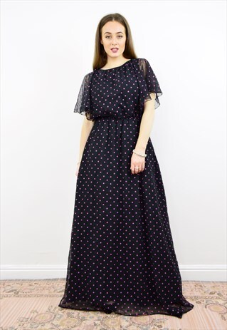 VINTAGE 80S BLACK AND PINK POLKA DOT CHIFFON MAXI DRESS