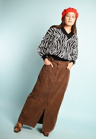 VINTAGE 90S RETRO MAXI LONGLINE CORDUROY SKIRT IN BROWN