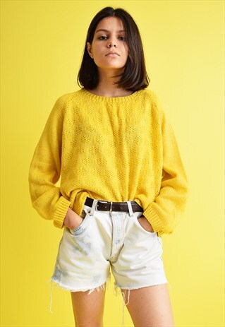 80'S RETRO YELLOW HANDMADE KNITTED JUMPER TOP