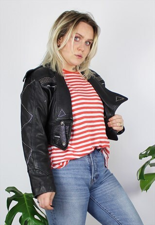 VINTAGE 1980'S BLACK CROPPED STUDDED LEATHER JACKET 8 10 12