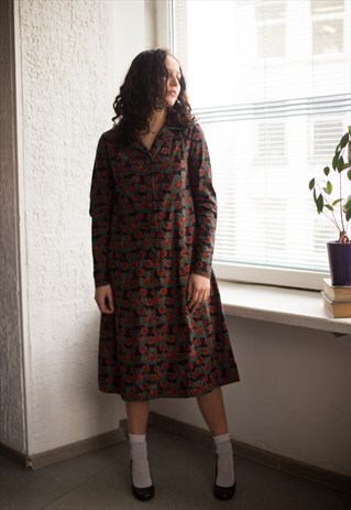 VINTAGE 80'S PATTERNED LONG SLEEVED MIDI LONG SLEEVED DRESS