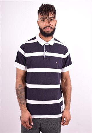 TOMMY HILFIGER MENS VINTAGE POLO SHIRT LARGE BLUE STRIPES 90