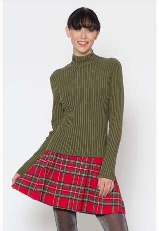 GREEN FITTED HIGH NECK RIBBED KNIT
