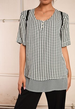 90'S RETRO CHECKED PARIS CHIC BLOUSE TOP