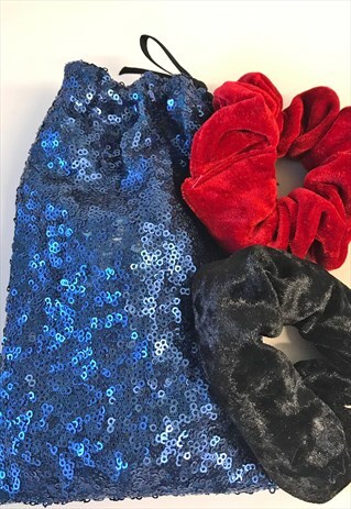 REWORKED SCRUNCHIES AND GIFT BAG IN VELVET & SEQUINS
