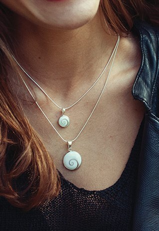 SHIVA EYE SHELL SILVER CHAIN NECKLACE PENDANT WHITE STONE