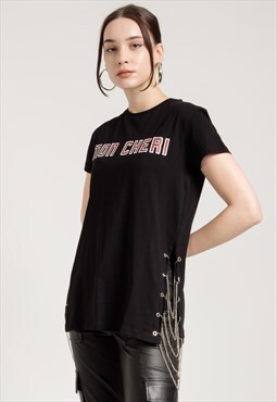 Mon Cheri Print T-shirt in Black with Chain Detail