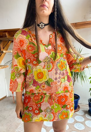 VINTAGE 90'S ORANGE 70'S PRINT TUNIC TOP - S/M