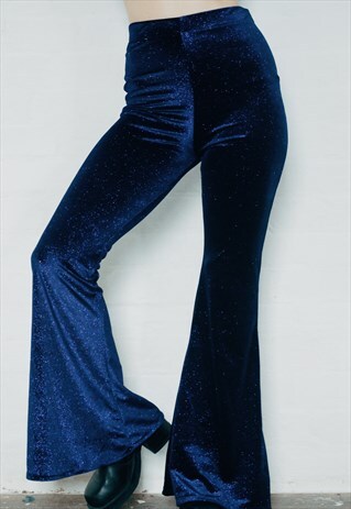 NAVY BLUE GLITTER HIGH WAISTED VELVET BELL BOTTOM FLARES