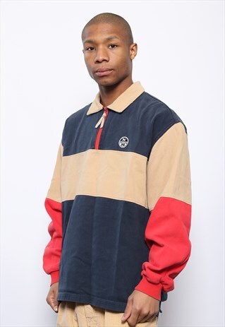 VINTAGE NORTH SAILS 1/4 ZIP OVER SHIRT BLUE BEIGE RED
