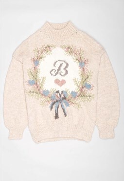 Byblos beige wool 'b' floral wreath design casual fit jumper