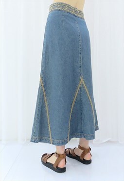 90s Vintage Blue Denim Maxi Skirt (Size M)