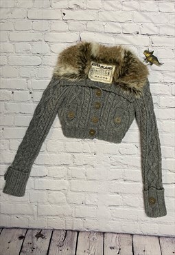 Y2K Grey Knitted Cropped Faux Fur Collar Cardigan Size 8