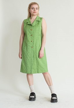 Vintage 60s Sleeveless Double Collar Textured Green Dress
