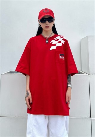 RACER PRINT T-SHIRT Y2K FORMULA CHECK TEE IN RED