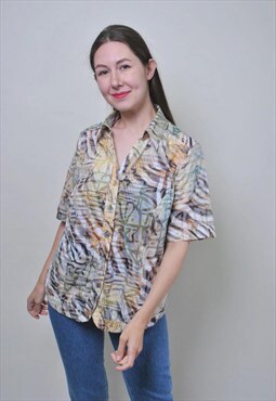 Vintage multicolor short sleeve blouse, retro festival shirt