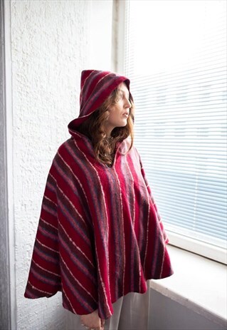 VINTAGE 70'S RED STRIPED WOOL HOODED PONCHO