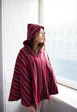 Vintage 70's Red Striped Wool Hooded Poncho