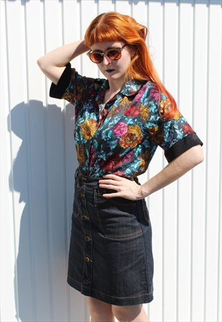 VINTAGE 80'S BLUE & YELLOW PAISLEY FLORAL PRINT SHIRT BLOUSE