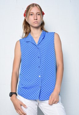 Vintage 80s polka dots collar sleeveless blouse shirt top 