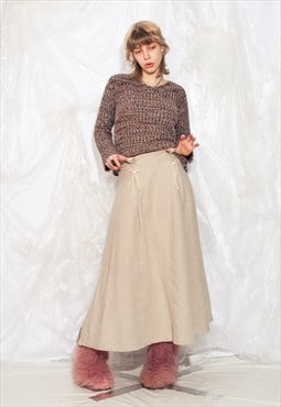 Vintage 90s Maxi Skirt in Beige Linen Reworked with Bows
