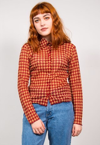 VINTAGE 70'S RED GLITTER SHEER DOGTOOTH SHIRT BLOUSE