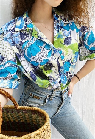 VINTAGE 70S ABSTRACT SKETCH PRINT HAUTE BOHEME BLOUSE TOP