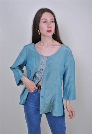 80S BLUE NATIVE EMBROIDERY BLOUSE, VINTAGE ARABIC STYLE TOP