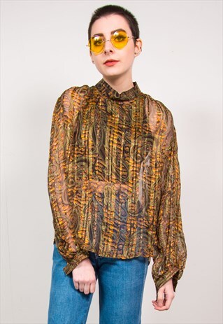 VINTAGE 80'S GREEN PAISLEY PRINT HIGH NECK SHEER BLOUSE