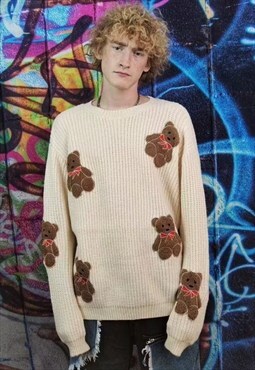 Teddy bear sweater vintage animal patch jumper in cream