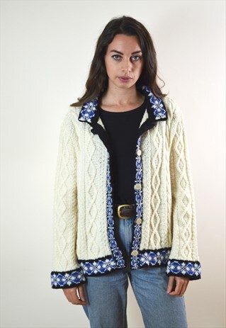 1990S VINTAGE CREAM & BLUE COLLARED KNIT CARDIGAN