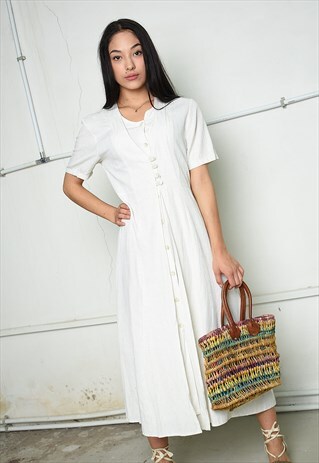VINTAGE 90S RETRO PARIS CHIC TEA MIDI DRESS IN BEIGE