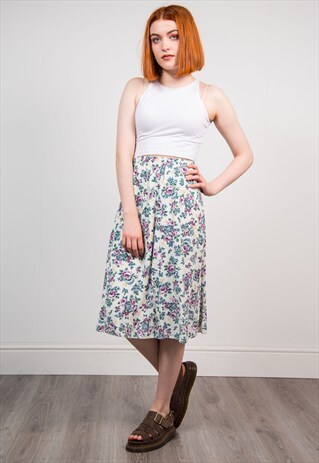 VINTAGE WHITE FLORAL PATTERN CUTE MIDI SKIRT