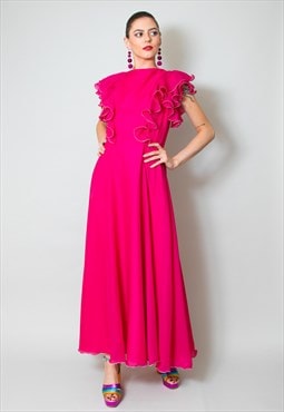 70's Ladies Vintage Pink Ruffle Sleeveless Maxi Dress 