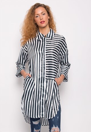 CLASSIC STRIPE SHIRT DRESS PRINT BUTTON DOWN OVERSIZE