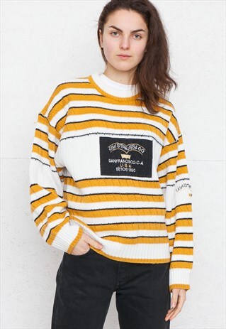 VINTAGE YELLOW WHITE LEVI'S ROUND NECK KNIT JUMPER SWEATER