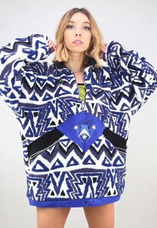 VINTAGE 90S OVERSIZED 1/4 ZIP PATTERNED TEDDY FLEECE JACKET