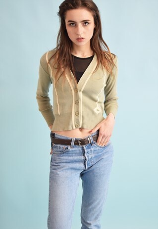 70'S RETRO PASTEL TRIMMED CARDIGAN TOP