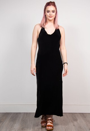90'S VINTAGE BLACK CALVIN KLEIN VELVET STRAPPY MAXI DRESS