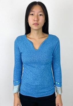 Vintage y2k shiny blue long sleeved top 