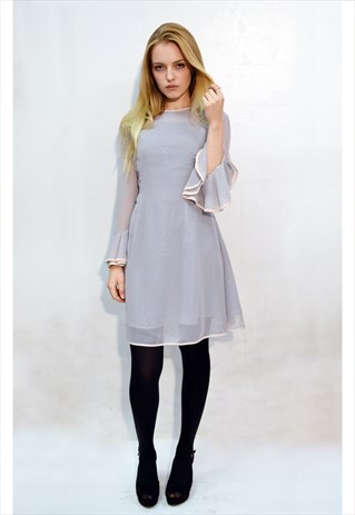 FRILLED SLEEVES CHIFFON MIDI DRESS (GREY)