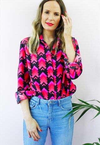 VINTAGE 80'S SEVENTIES RETRO PRINT PINK SHIRT BLOUSE