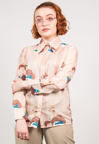VINTAGE 70'S PINK ILLUSTRATED PRINT SHIRT